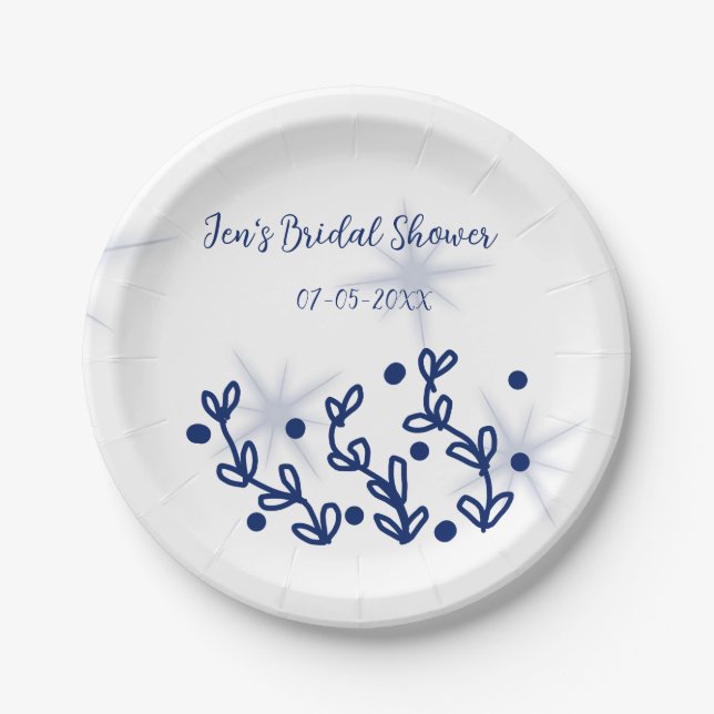 Prato De Papel Folhas de estrelas azuis luxo real chá de panela  (Frente)