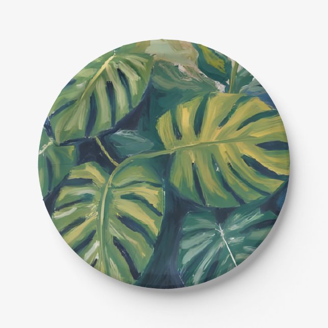 Prato De Papel Folhas de Monstera Aquarela Botânica (Frente)