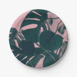 Prato De Papel Folhas de Monstera no rosa