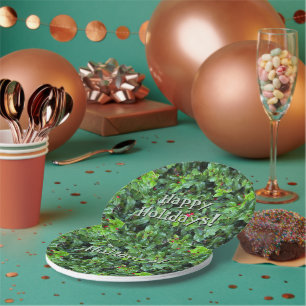 Prato De Papel Folhas de Natal de Holly Berry Verde Festivo