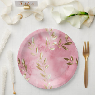 Prato De Papel Folhas de Ouro Rosa