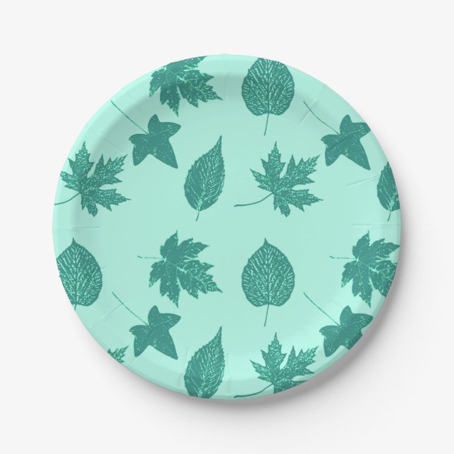 Prato De Papel Folhas de outono - turquesa e aqua (Frente)