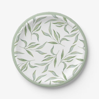 Prato De Papel Folhas de padrão botânico em aquarela verde elegan