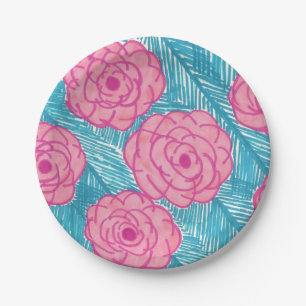 Prato De Papel Folhas de Palma Tropicais e Flores Rosa Placas de