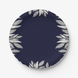 Prato De Papel Folhas de Prata Glam Botânico Casamento Azul Rosa