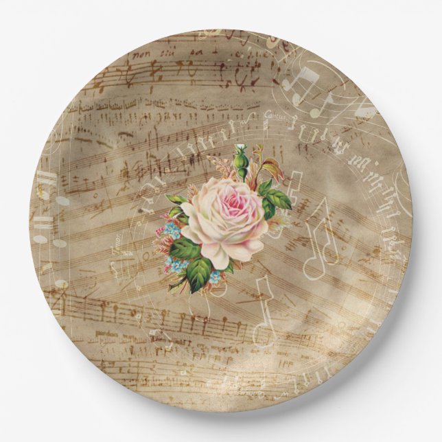 Prato De Papel Folhas de Vintage de Rosa de Música Antiquada (Frente)