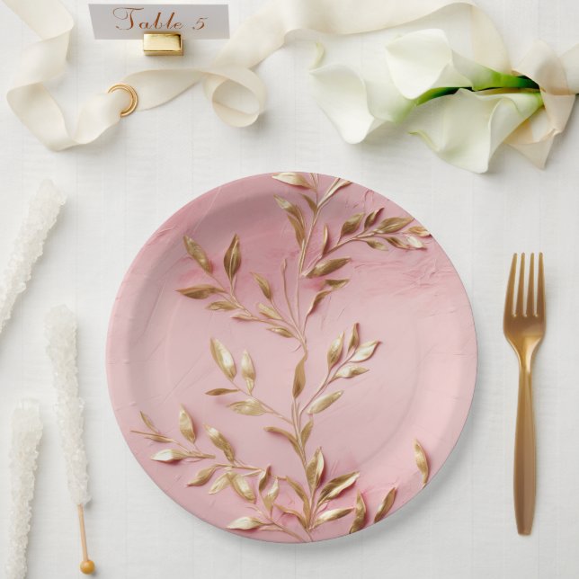 Prato De Papel Folhas Douradas rosa (Casamento)