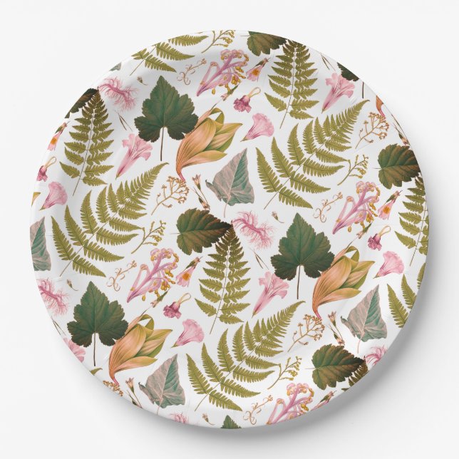 Prato De Papel Folhas e flores de primavera verde modernas e eleg (Frente)