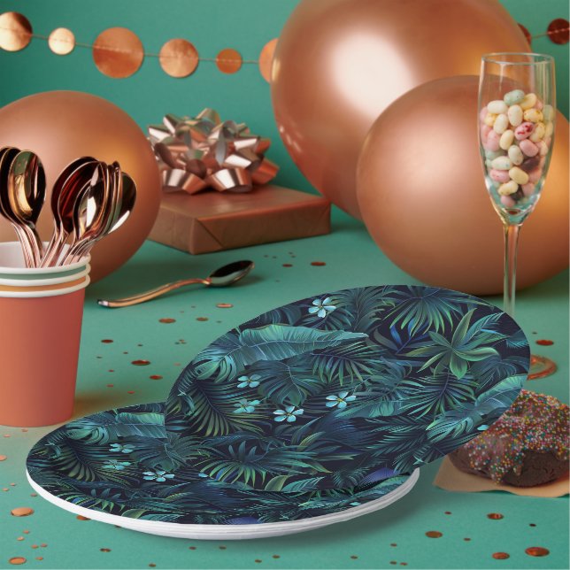 Prato De Papel Folhas tropicais e flores azuis (Múltiplo)