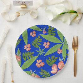 Prato De Papel Folhas tropicais em azul