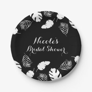Prato De Papel Folhas Tropicais Preto e Branco Festa Chic Elegant
