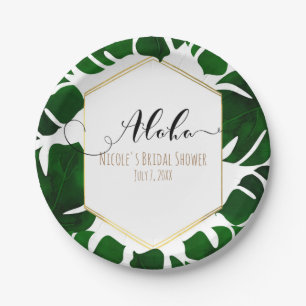Prato De Papel Folhas Tropicais Verde Escuro Branco & Casamento D