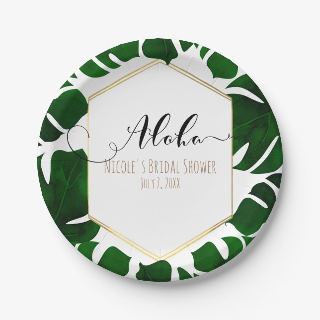 Prato De Papel Folhas Tropicais Verde Escuro Branco & Casamento D (Frente)