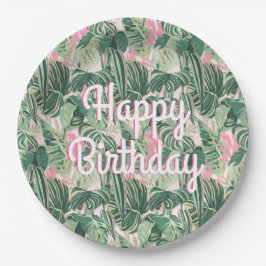Prato De Papel Folhas Tropicais Verdes e Rosa | Feliz Aniversário