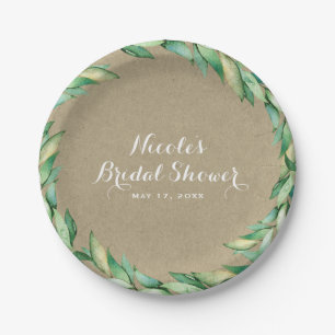 Prato De Papel Folhas Verdes de Aquarela Casamento Rústico Kraft