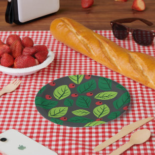 Prato De Papel Folhas Verdes, Frutas Vermelhas, Padrão De Folhas