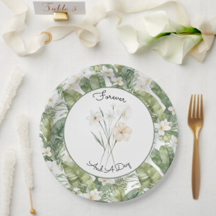 Prato De Papel Folhas Verdes Tropicais Orquídeas Brancas Casament