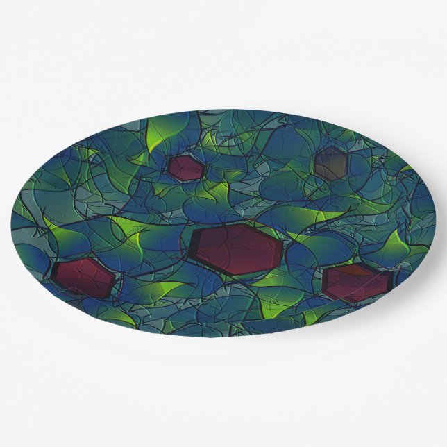 Prato De Papel Folheto virtual azulado com hexágono vermelho escu (Inclinado)