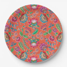 Prato De Papel Folk flor brilho laranja padrão floral casamento
