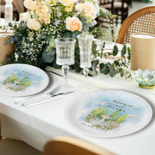 Prato De Papel Fonte Elegante   flores pombas Casamento Luxo