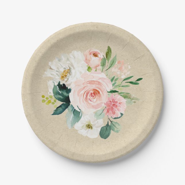 Prato De Papel Força Rústica & Rosa Bege com Floral em Aquarela F (Frente)