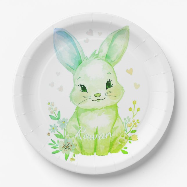Prato De Papel Forest Animal Baby Shower Decor Green Bunny (Frente)