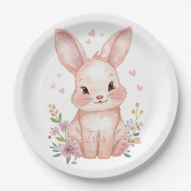 Prato De Papel Forest Animal Baby Shower Decor Pink Bunny (Frente)