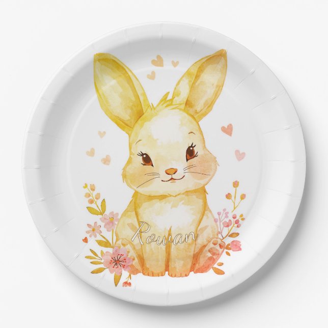 Prato De Papel Forest Animal Baby Shower Decor Yellow Bunny (Frente)