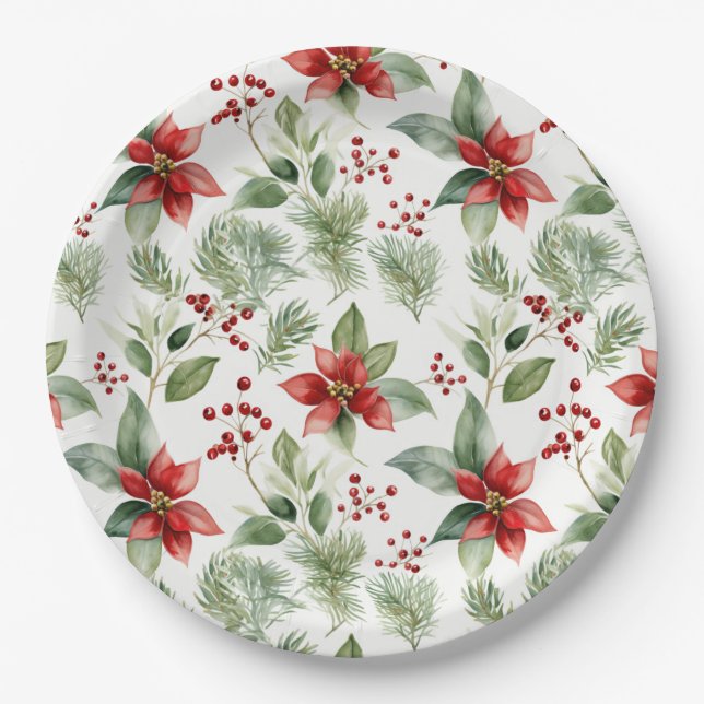 Prato De Papel Forest Christmas Red Poinsettia  (Frente)