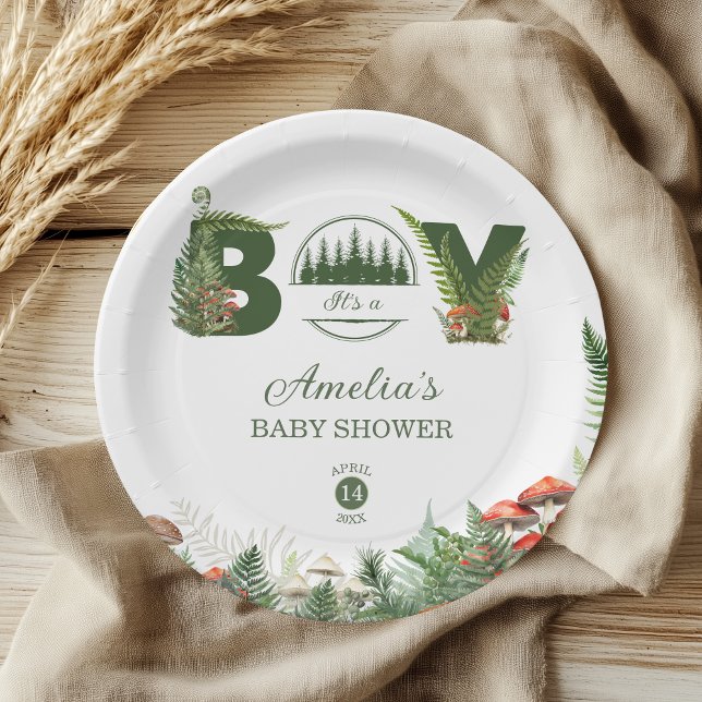 Prato De Papel Forest Green Woodland Mushroom Baby Boy Shower (Criador carregado)