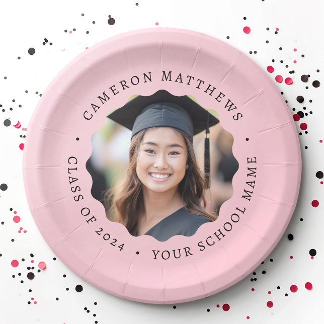 Prato De Papel Formando fotografia rosa-ondulada formatura da fro (Graduate photo pink wavy border graduation paper plates)