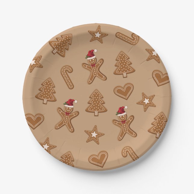 Prato De Papel Formas de Biscoito de Natal de Gengibre em Marrom (Frente)
