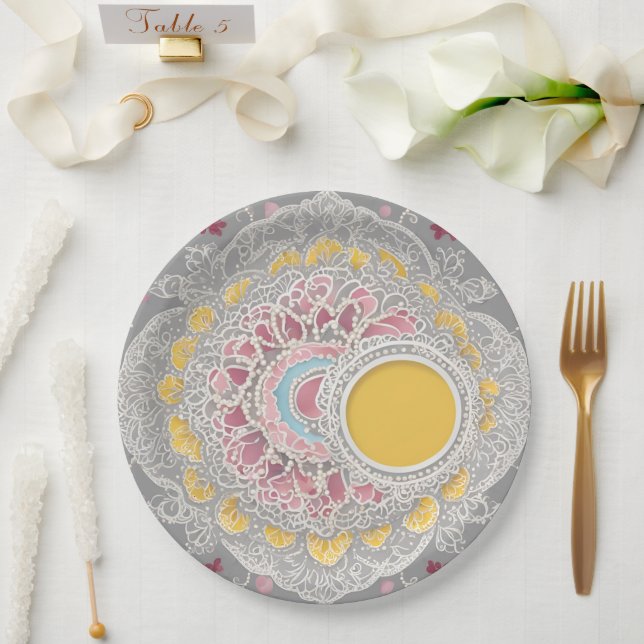 Prato De Papel Formas de círculo amarelo e cinza arte de IA  (Casamento)