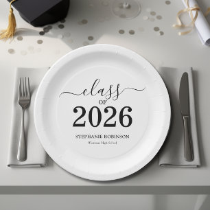Prato De Papel Formatura 2026 Minimalista Preta e Branca  