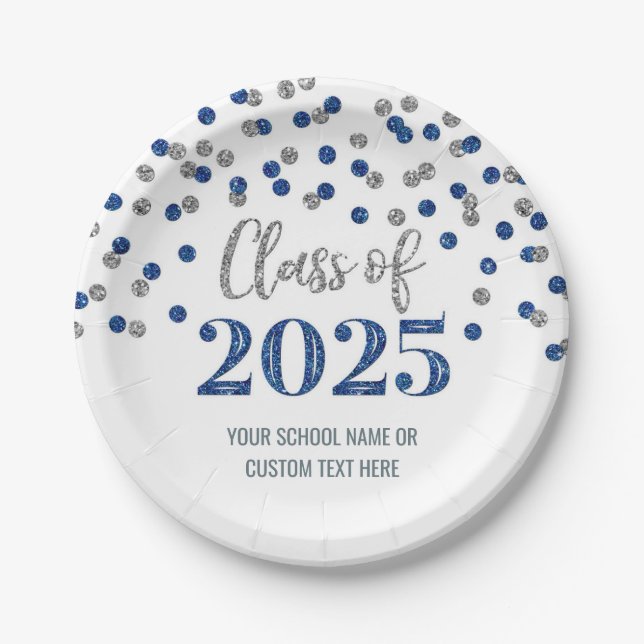 Prato De Papel Formatura Confetes Azul Prata 2025 (Frente)