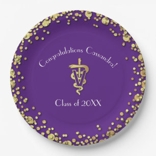 Prato De Papel Formatura de Veterinário Roxo Dourado