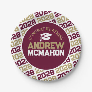 Prato De Papel Formatura Personalizada Burgundy, Dourado & Branco
