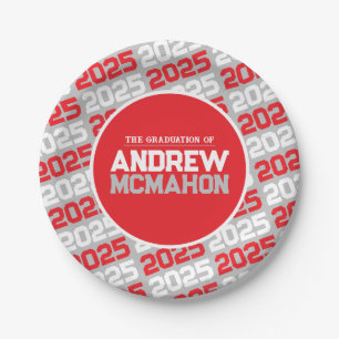 Prato De Papel Formatura Personalizada Cinza Prata e Vermelho