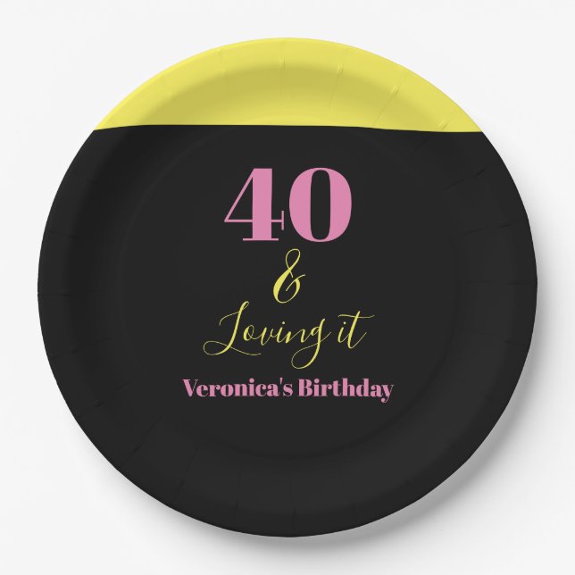 Prato De Papel Forty and Loving It 40th Birthday Yellow Black (Frente)
