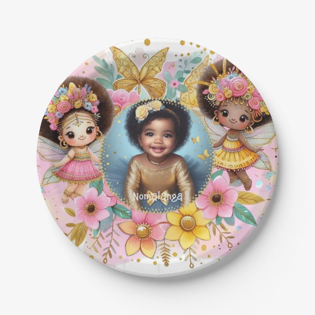 Prato De Papel Foto: Aniversário Pequeno Pia Negra Fada Africana (Frente)