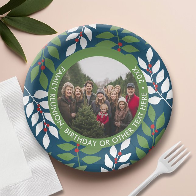 Prato De Papel Foto - Borda Eucalyptus - Família Verde Azul Verme (Custom Paper Plate)