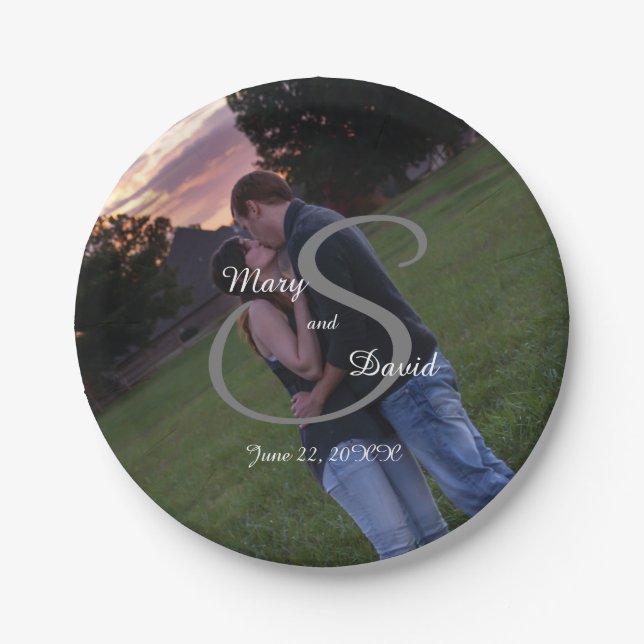 Prato De Papel Foto com Casamento de Monograma (Frente)