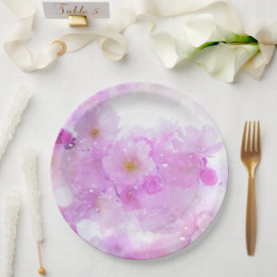 Prato De Papel Foto das flores de cerejeira rosa