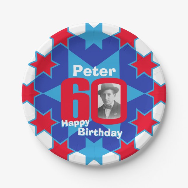 Prato De Papel Foto de 60.º aniversário: folha de papel azul-estr (Frente)