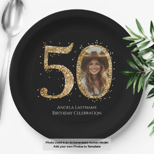 Prato De Papel Foto de Aniversário de 50 anos com Brilho Dourado