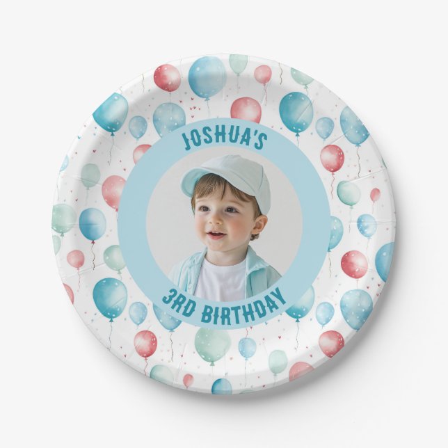 Prato De Papel Foto de aniversário dos balões azuis (Frente)