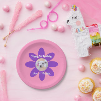 Prato De Papel Foto de Cachorro Cachorro Cachorro em Flor Púrpura