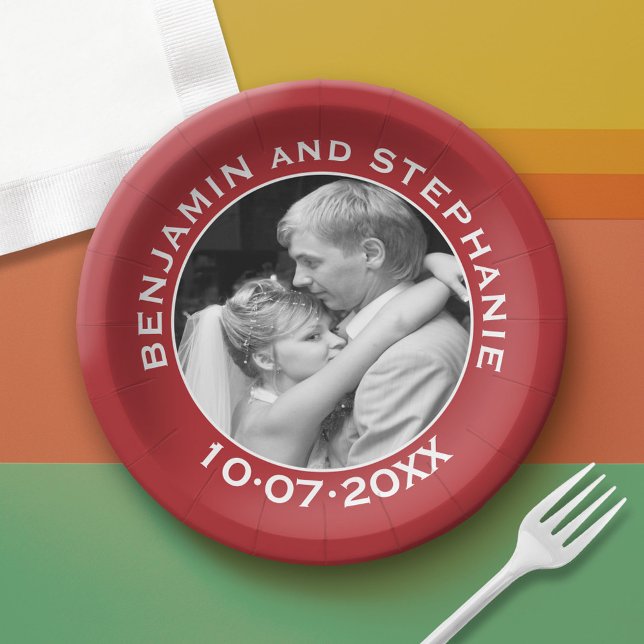 Prato De Papel Foto de Casamento - borda vermelha - minimal moder (Custom Paper Plate)