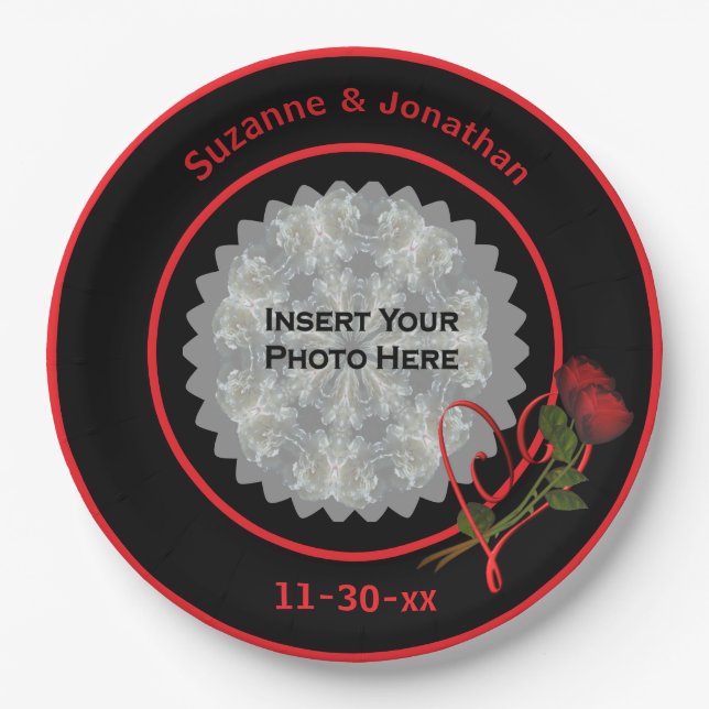 Prato De Papel Foto de casamento personalizado preto-e-coração do (Frente)