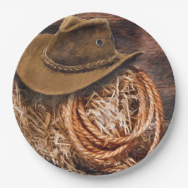 Prato De Papel Foto de Hat Rope Hay do Rustic Cowboy